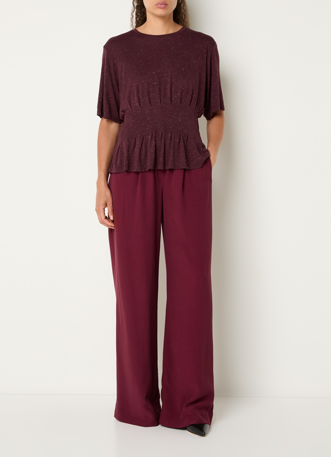 by-bar Benji high waist wide fit palazzo broek met steekzakken - voorkant 3 bordeauxrood