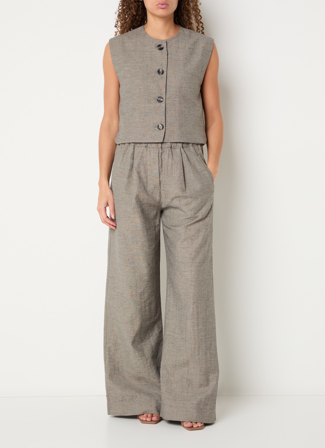 by-bar Benji high waist wide fit pantalon in linnenblend met steekzakken - voorkant 3 grijs