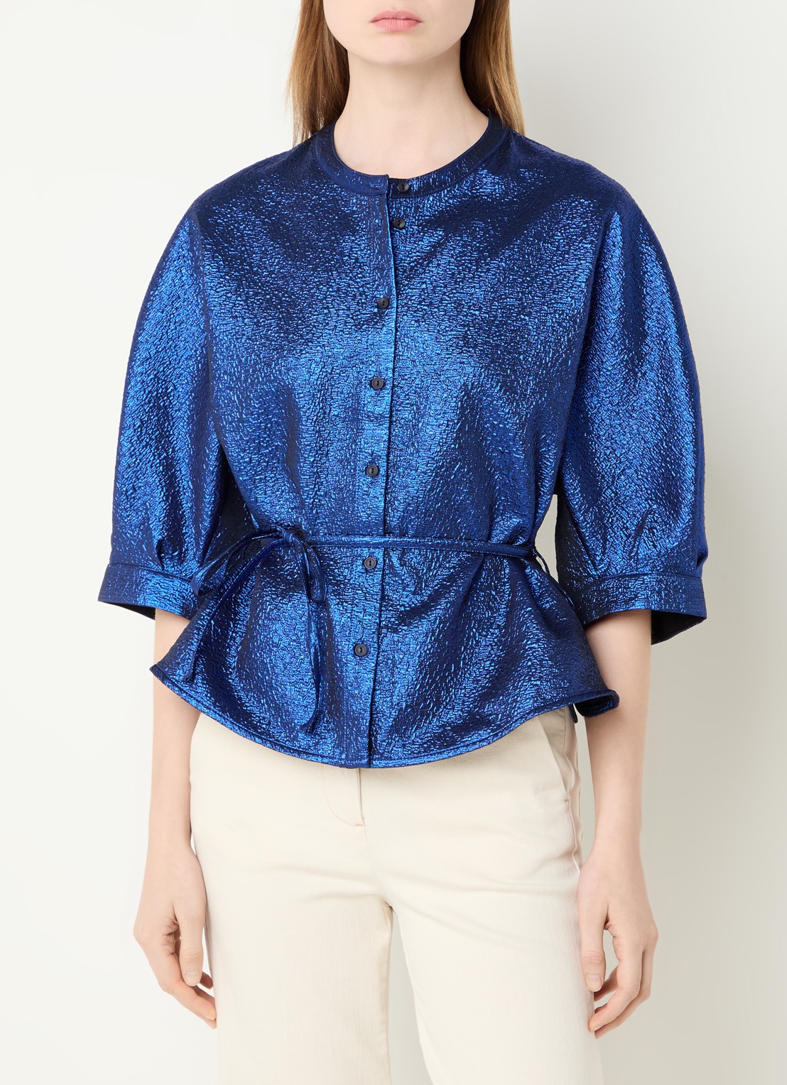 by-bar Christi blouse met lurex en strikdetail - detail 2 donkerblauw