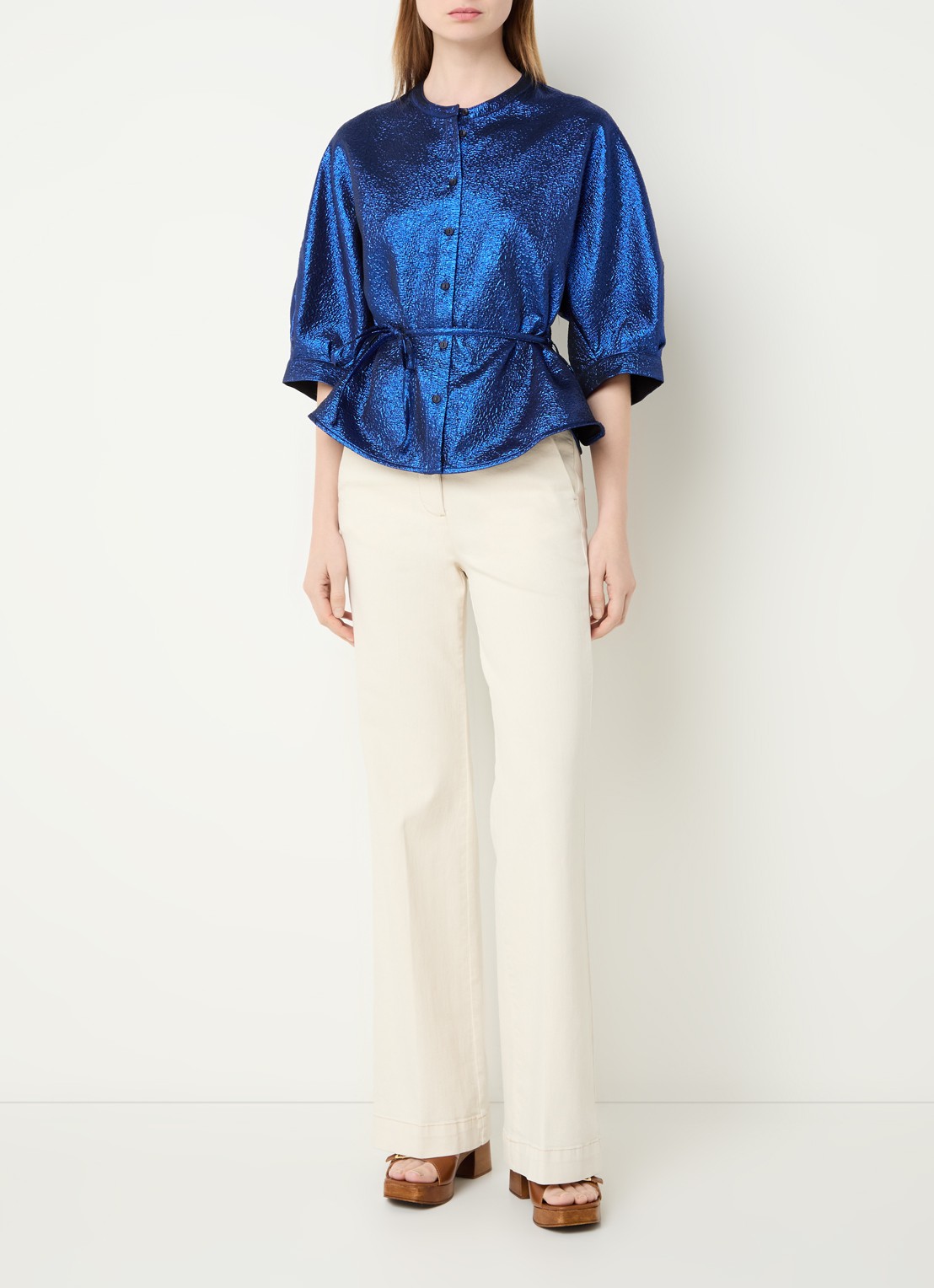 by-bar Christi blouse met lurex en strikdetail - voorkant 4 donkerblauw