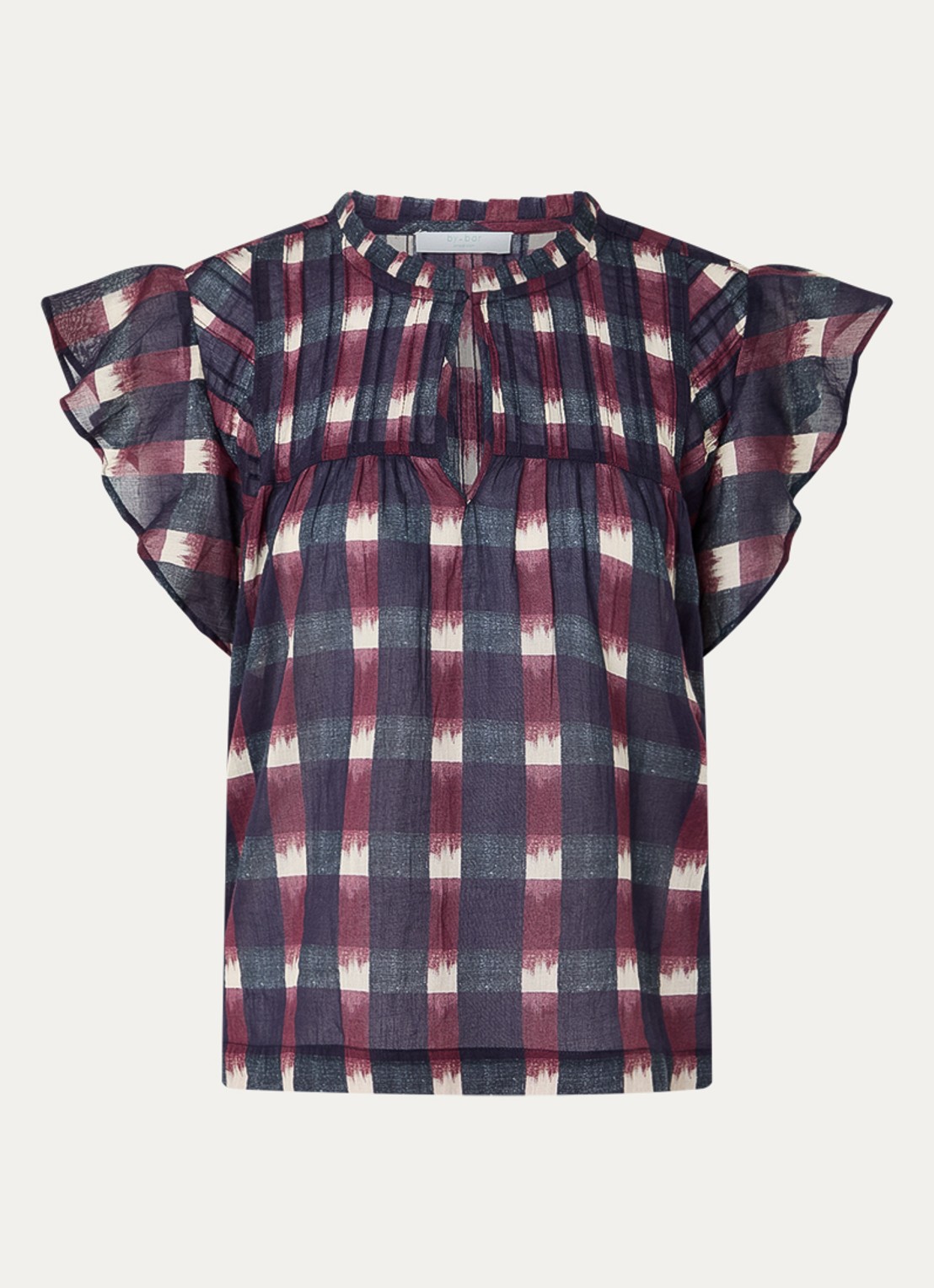 by-bar Danee tuniek met ruitdessin en ruches - voorkant bordeauxrood