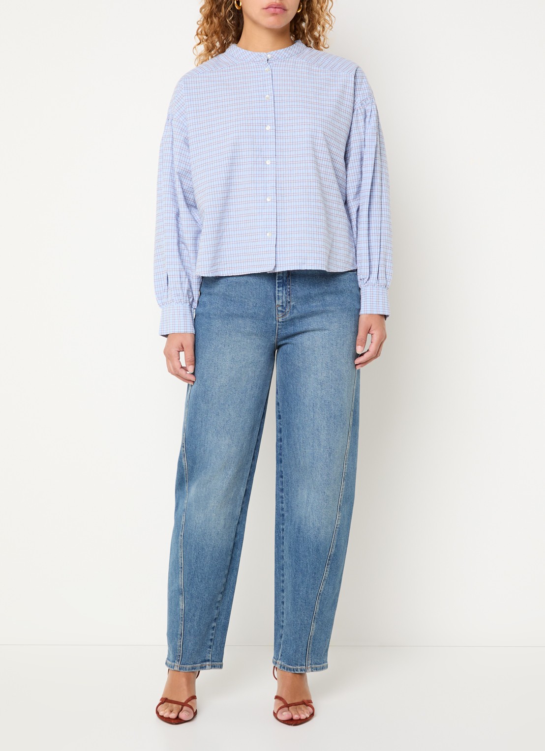 by-bar Ella blouse met ruitdessin - voorkant 3 lichtblauw