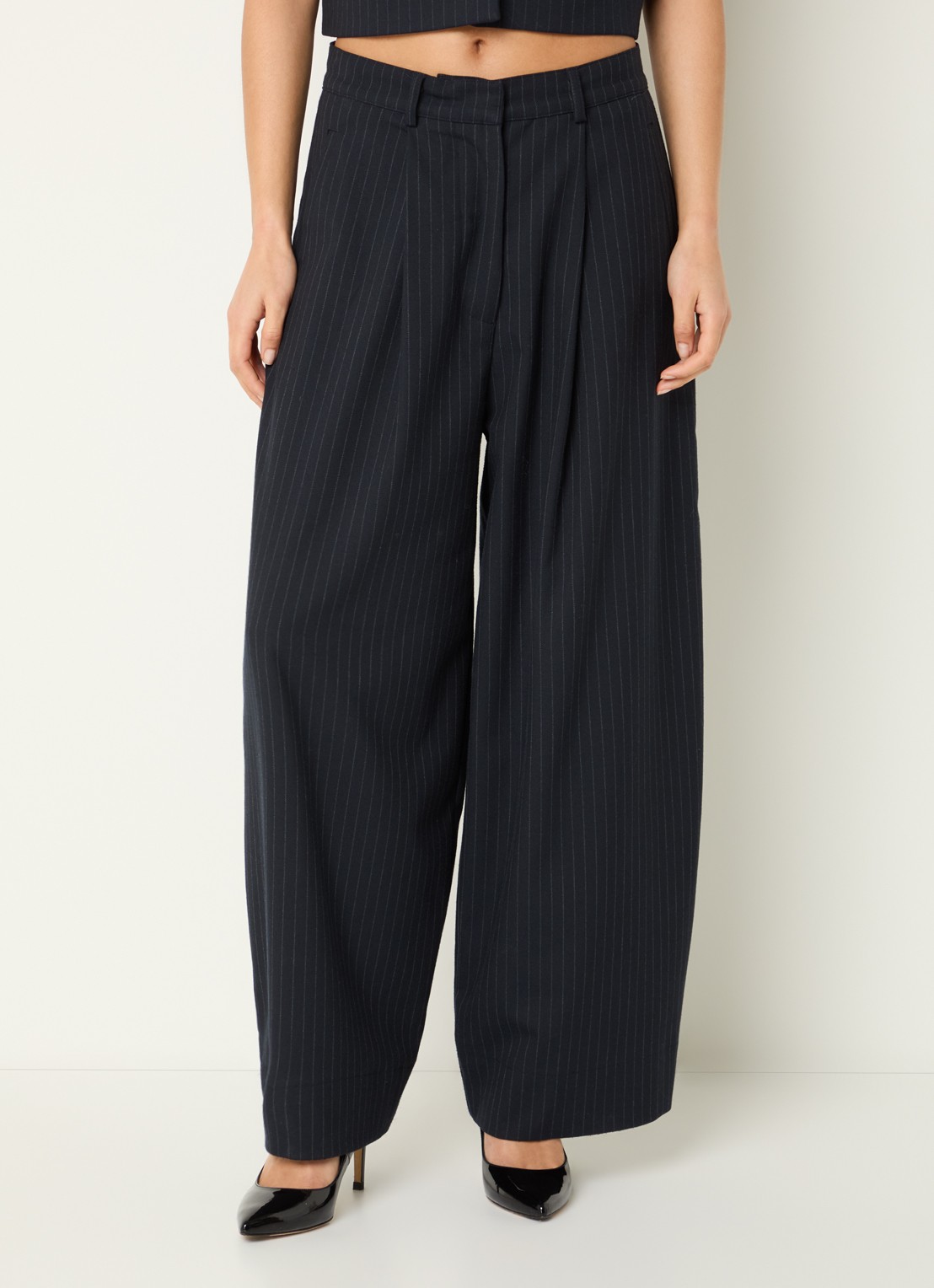 by-bar Frida high waist wide fit pantalon met krijtstreep  - detail 4 donkerblauw