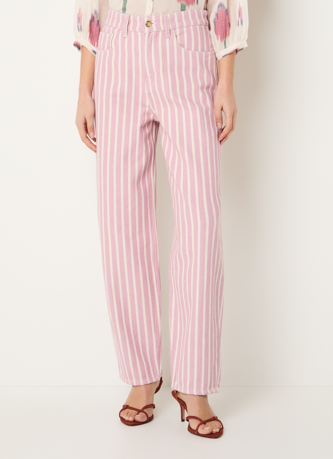 by-bar Lew high waist straight fit broek met streepprint - detail roze