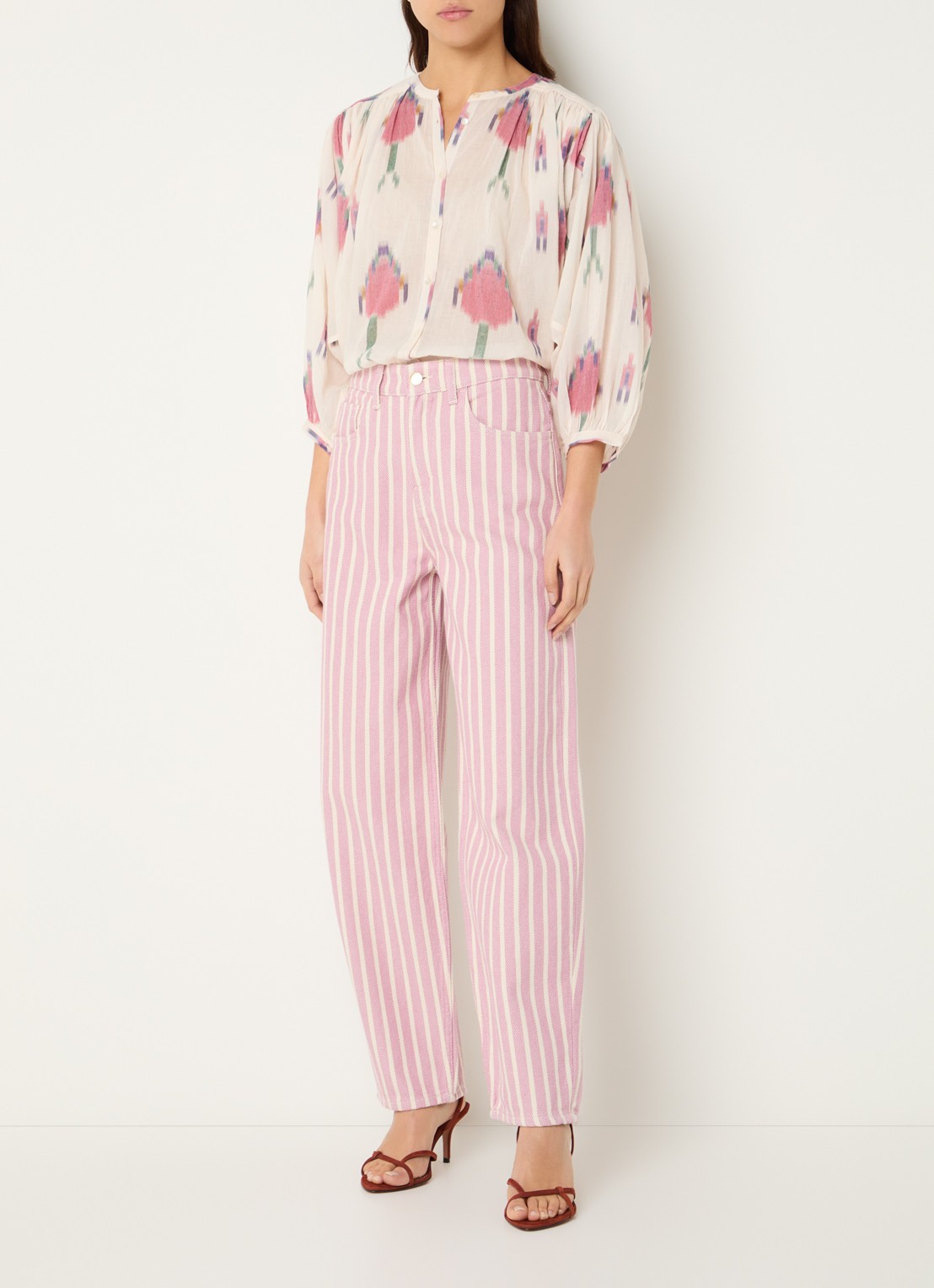 by-bar Lew high waist straight fit broek met streepprint - voorkant 5 roze