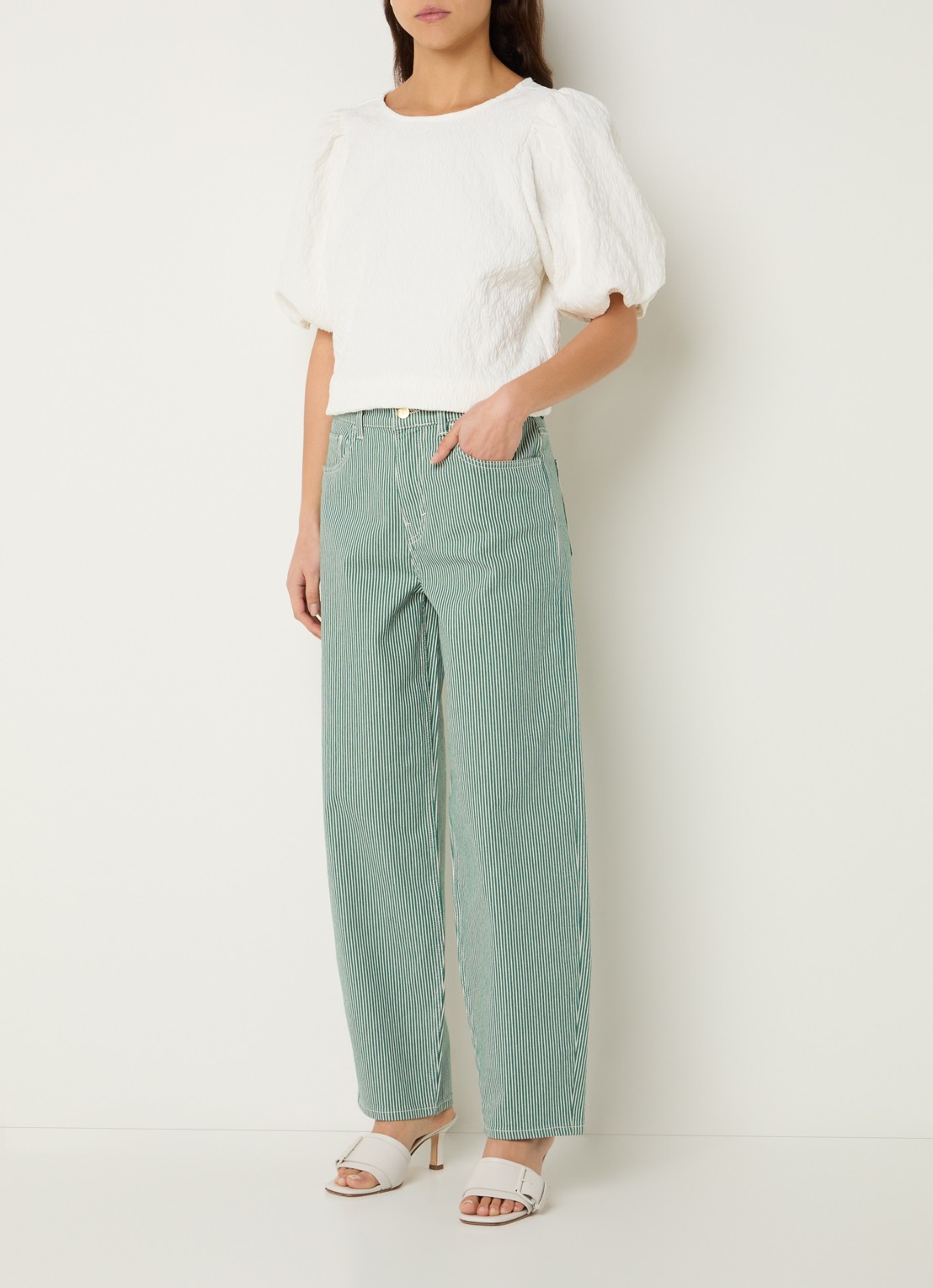 by-bar Lew high waist straight fit broek met streepprint - voorkant 5 groen