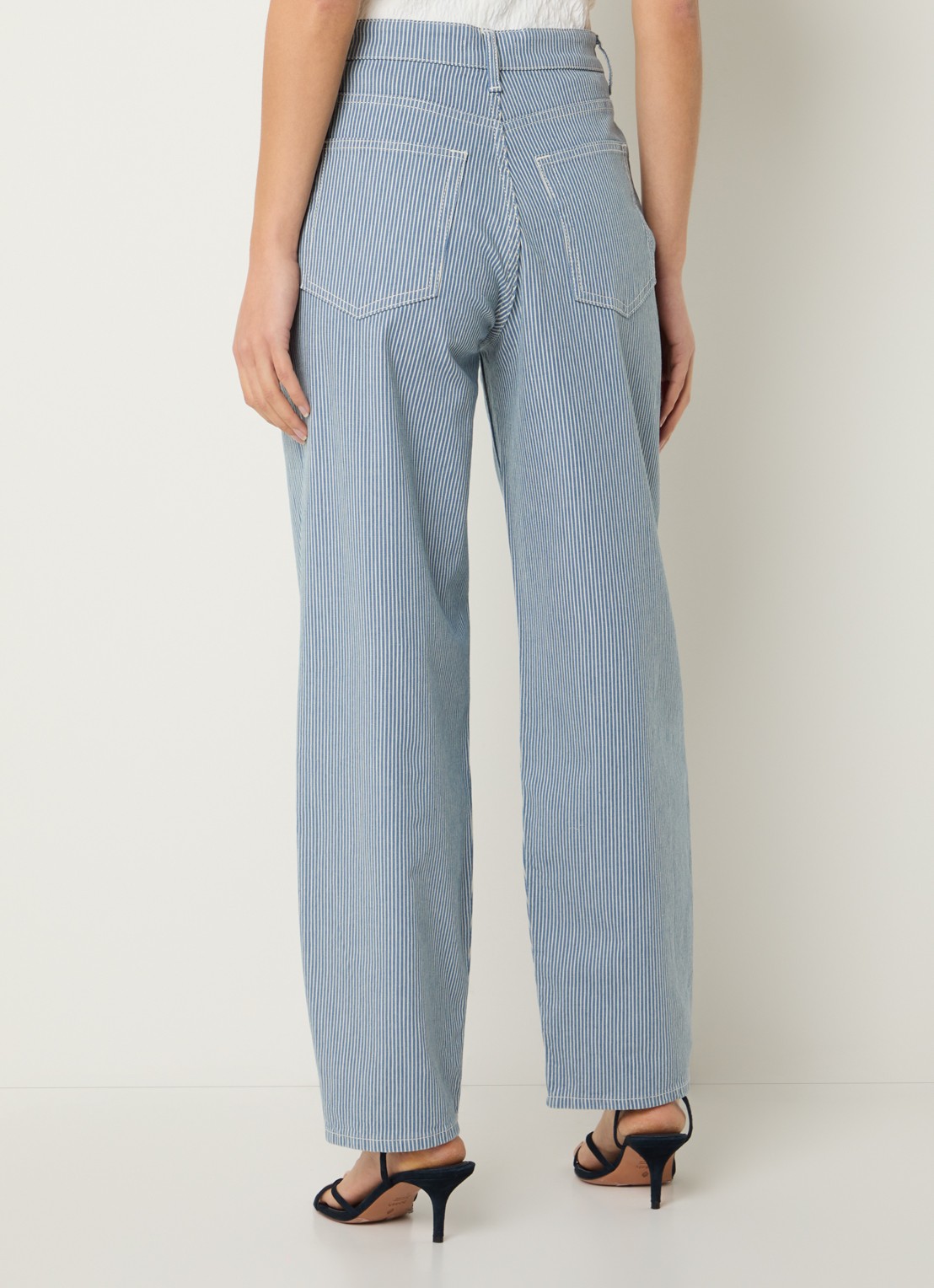 by-bar Lew high waist straight fit broek met streepprint - achterkant donkerblauw