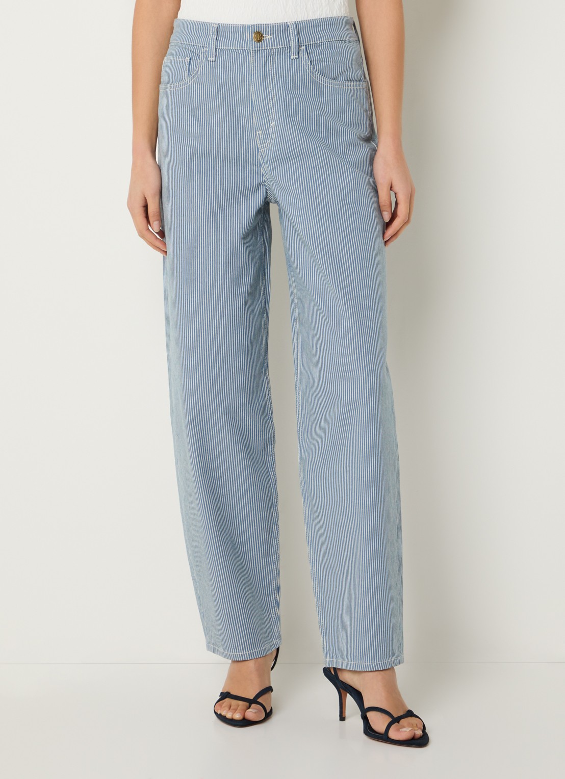 by-bar Lew high waist straight fit broek met streepprint - detail 2 donkerblauw