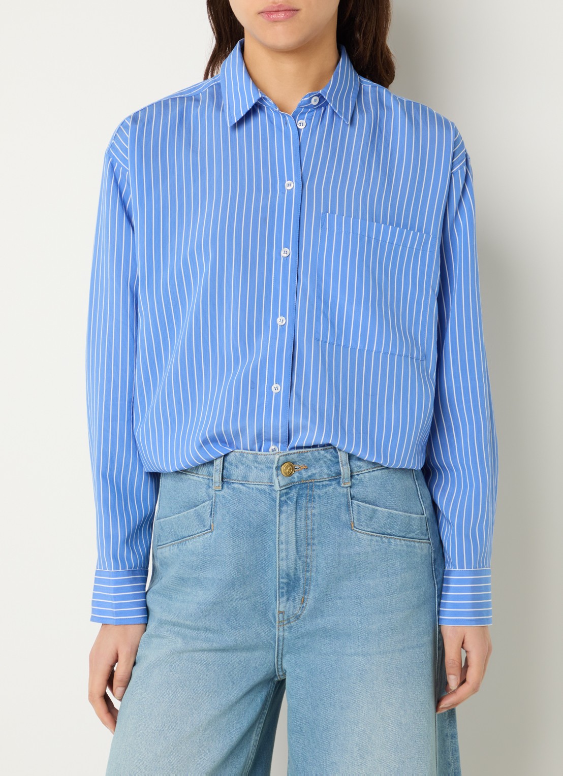 by-bar Lise blouse met streepprint en borstzak - detail 4 donkerblauw