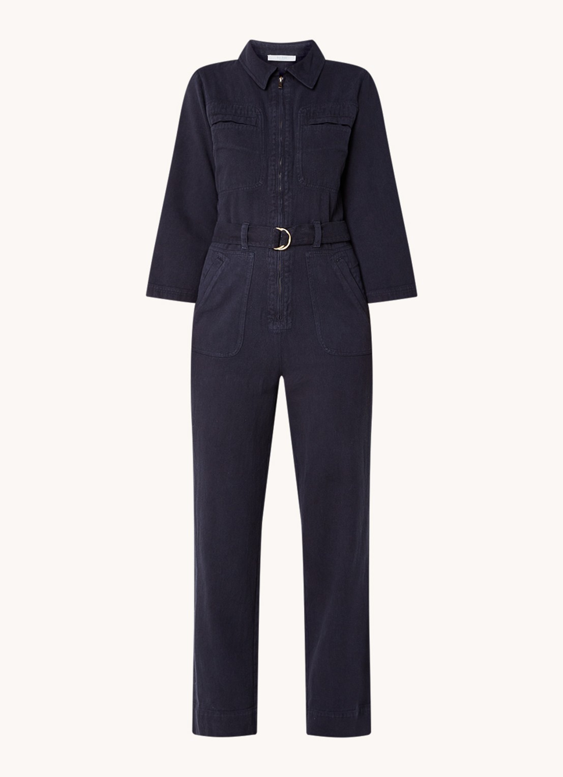 by-bar Louise straight fit jumpsuit van denim met ceintuur - voorkant donkerblauw