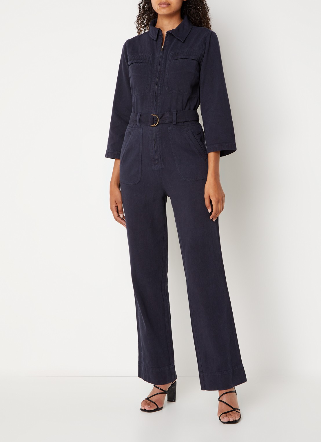 by-bar Louise straight fit jumpsuit van denim met ceintuur - voorkant 2 donkerblauw