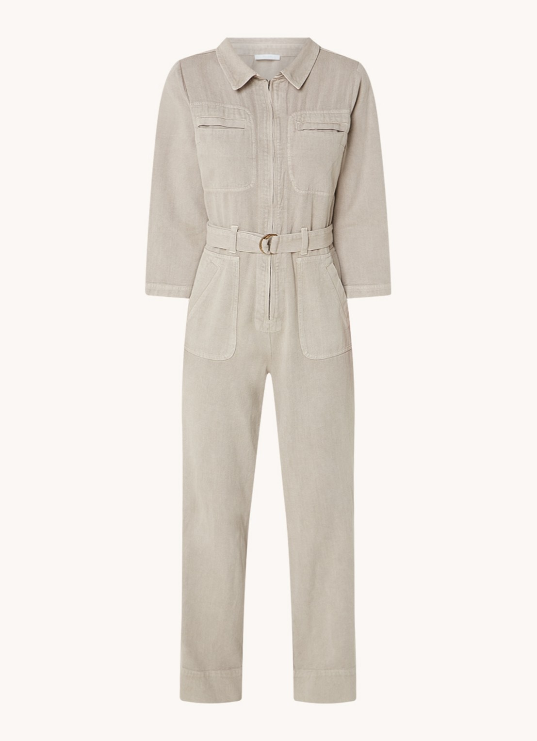 by-bar Louise straight fit jumpsuit van denim met ceintuur - voorkant 3 donkerbeige