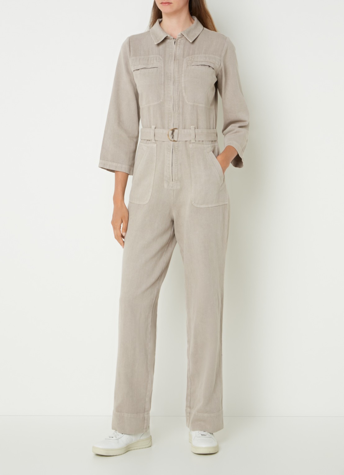 by-bar Louise straight fit jumpsuit van denim met ceintuur - voorkant 4 donkerbeige
