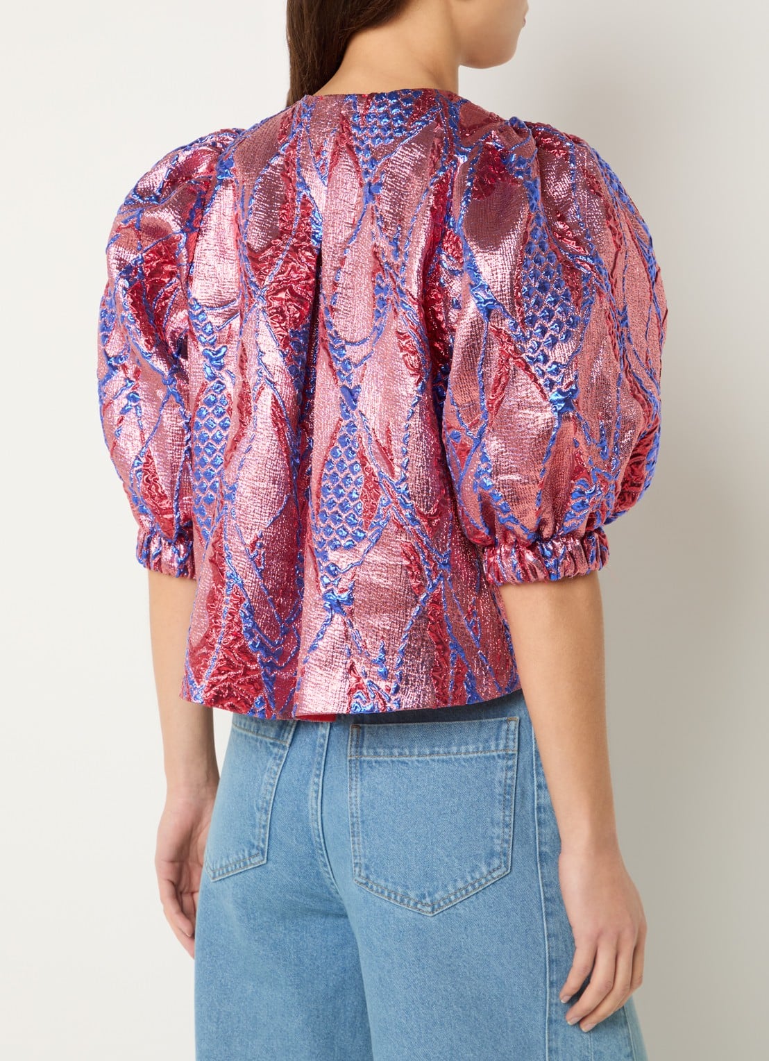 by-bar Mauri blouse met jacquard dessin en lurex - achterkant koraalroze
