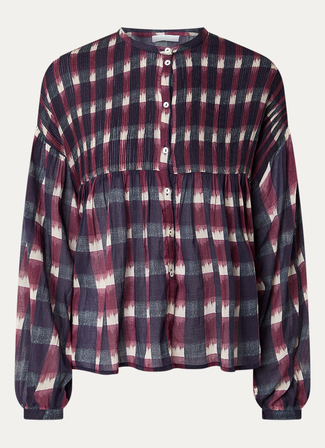 by-bar Mine Ikat blouse met ruitdessin en smockwerk - voorkant 2 bordeauxrood
