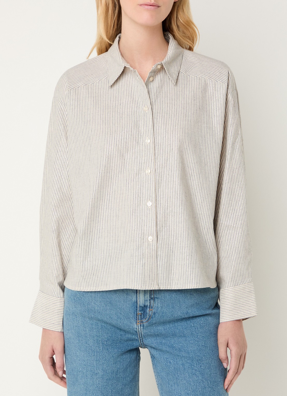 by-bar Nima blouse in linnenblend met lurex en streepprint - detail 4 donkerblauw