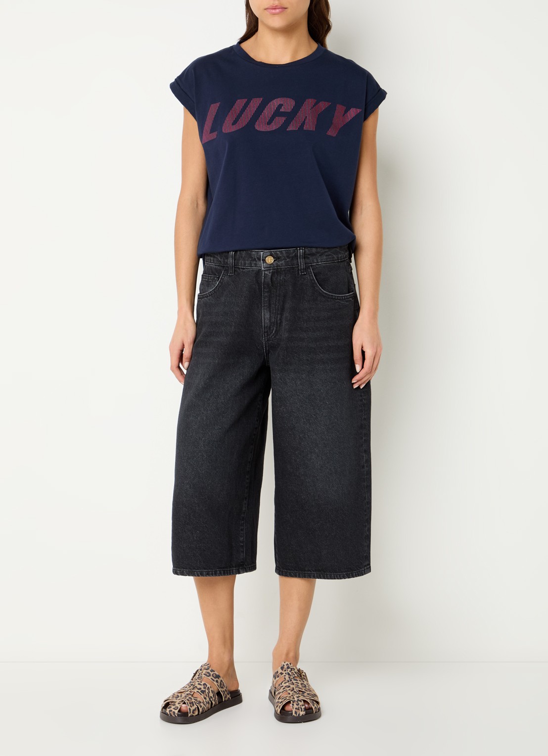 by-bar Noho mid waist wide fit culotte van denim - voorkant 3 zwart