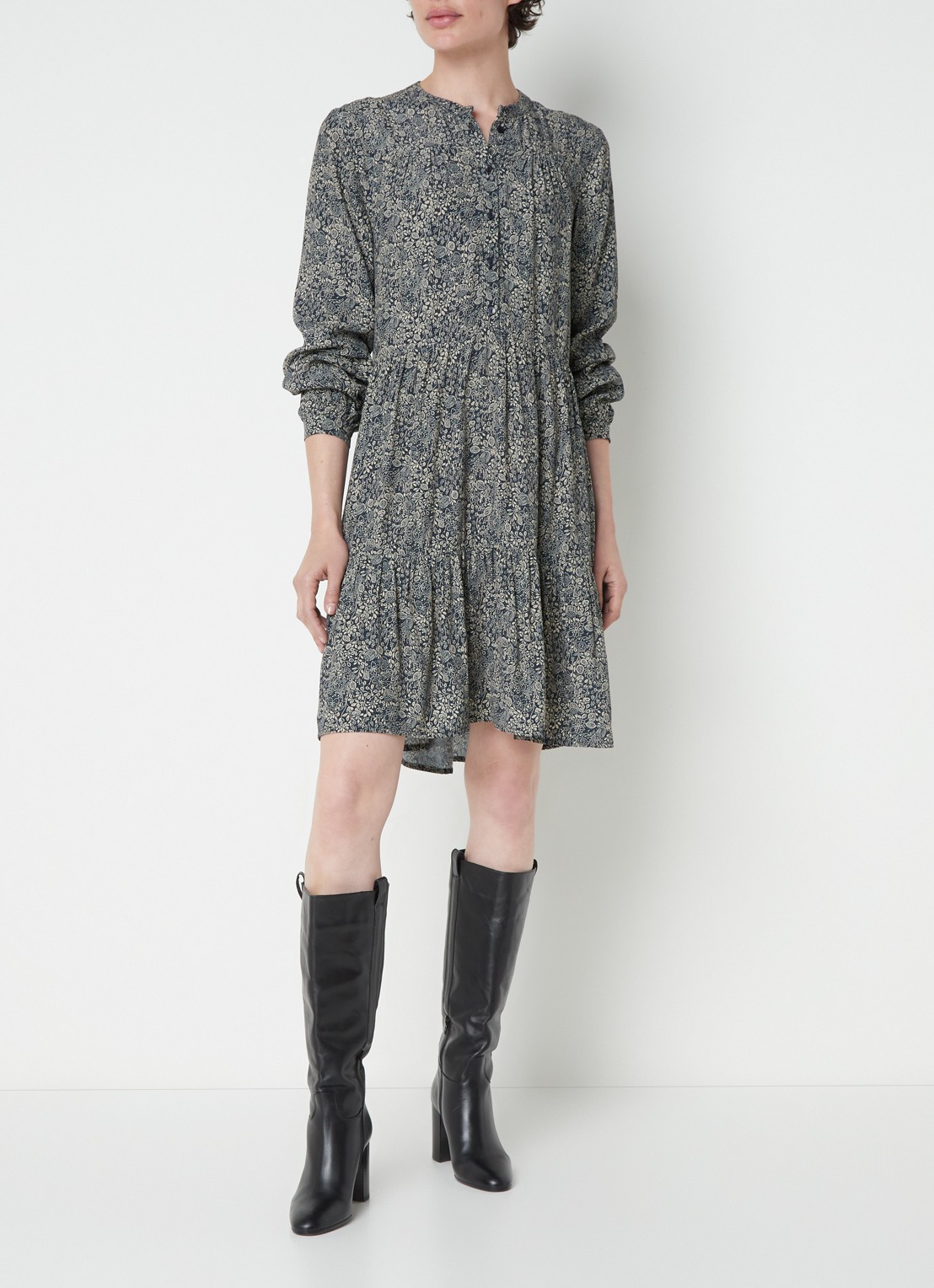 by-bar Nono gelaagde mini blousejurk met print - voorkant 4 donkerblauw