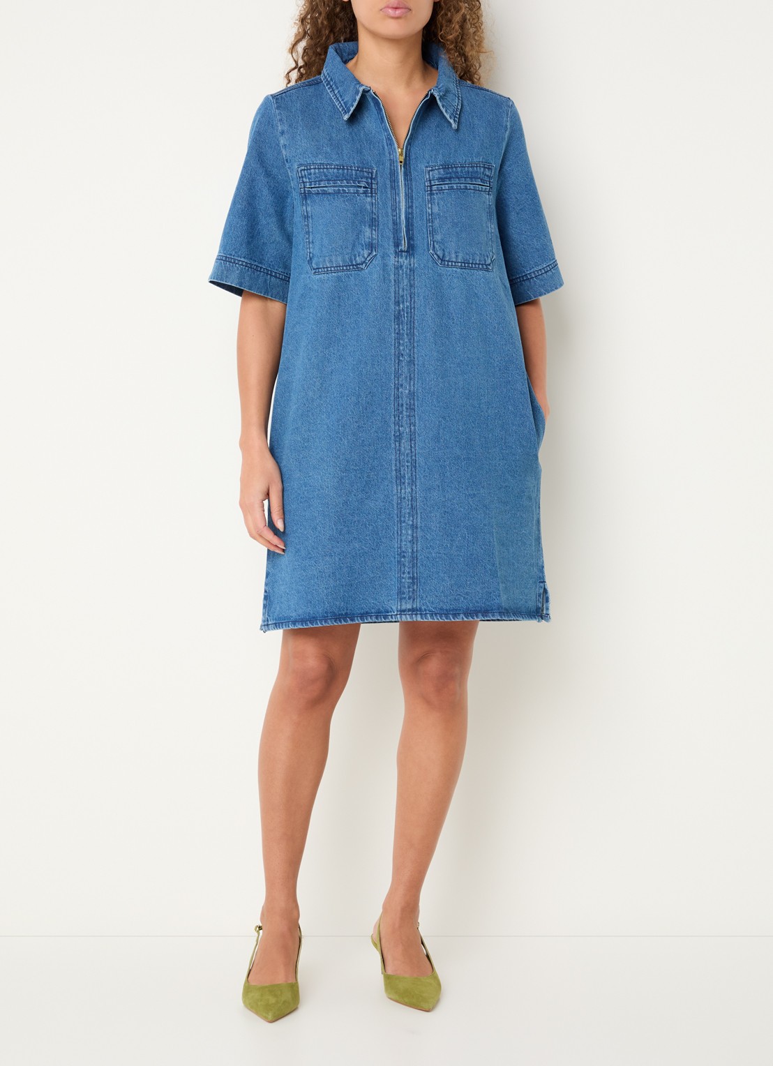 by-bar Philipe denim jurk paspelzakken - voorkant 3 indigo