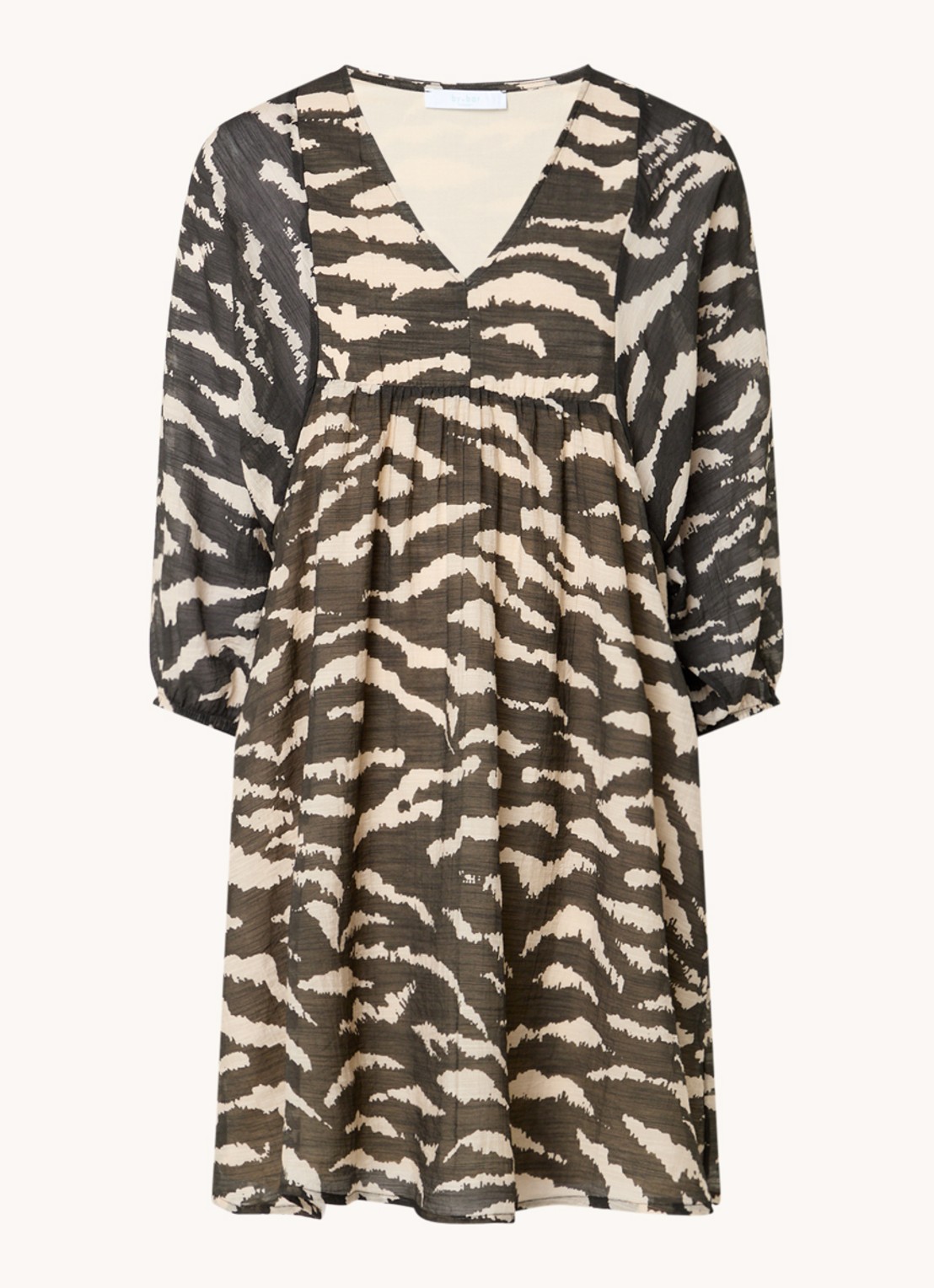 by-bar Philou mini jurk met zebraprint en ballonmouw - voorkant bronsgroen
