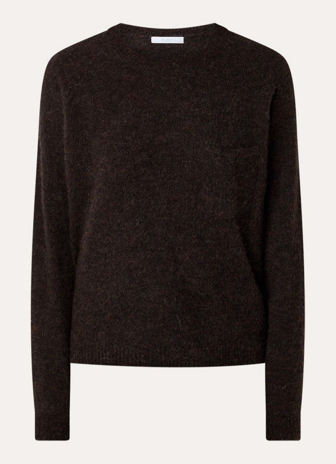 by-bar Polly fijngebreide trui in alpaca wolblend met ronde hals - voorkant 3 donkerbruin