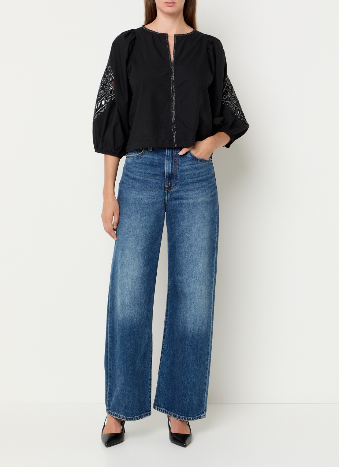 by-bar Rae tuniek met broderie en lurex - voorkant 2 zwart