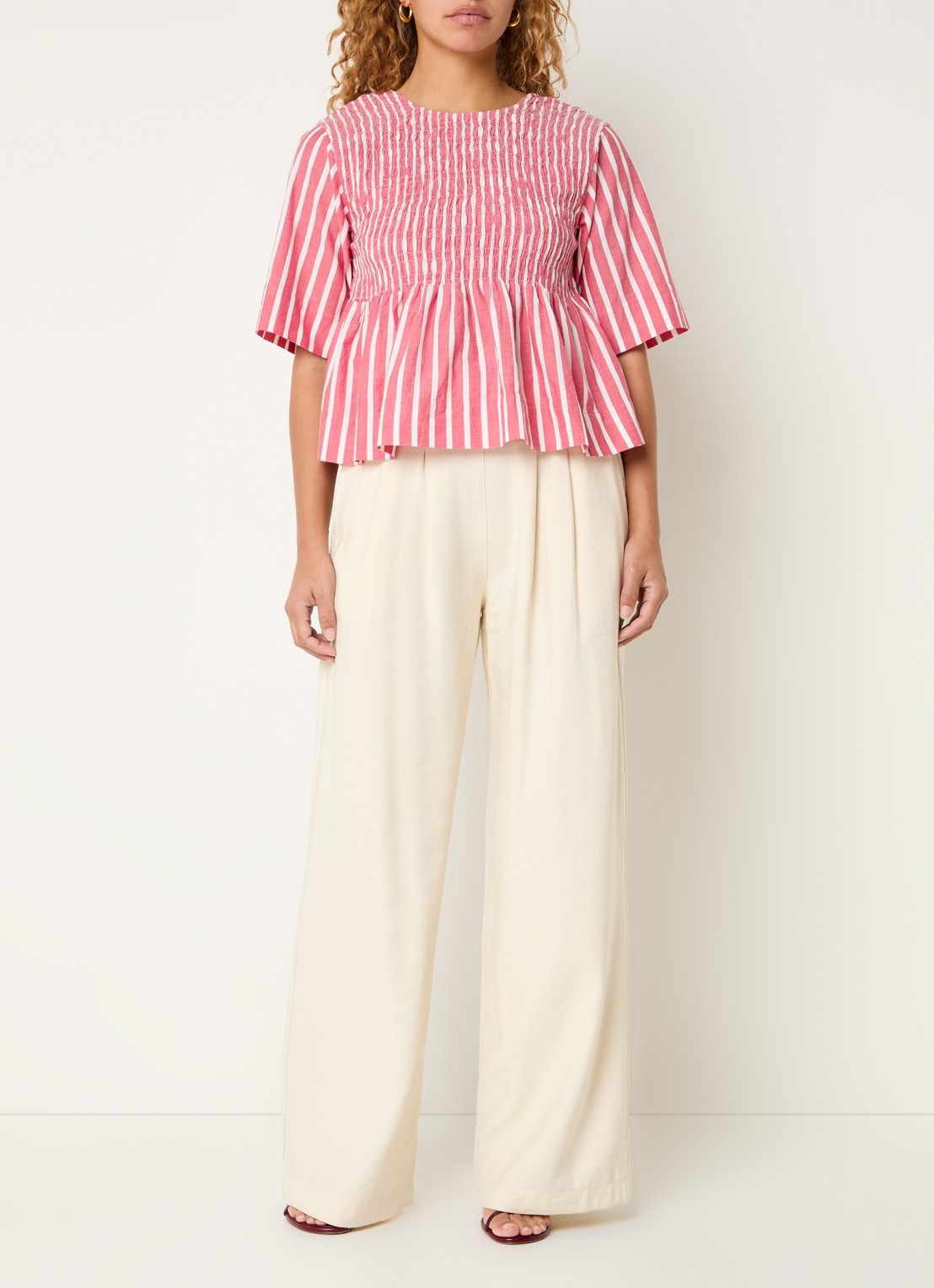 by-bar Runa tuniek met smockwerk en streepprint - voorkant 4 koraalrood