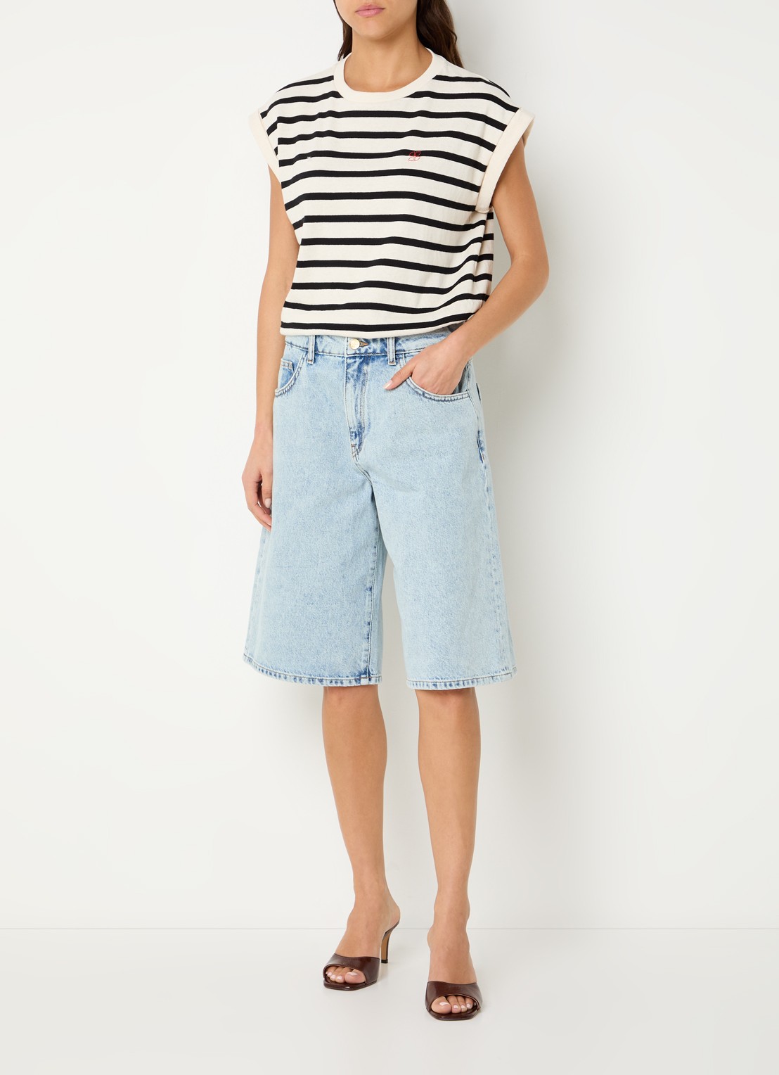by-bar Soho high waist wide fit korte broek van denim - voorkant 4 indigo