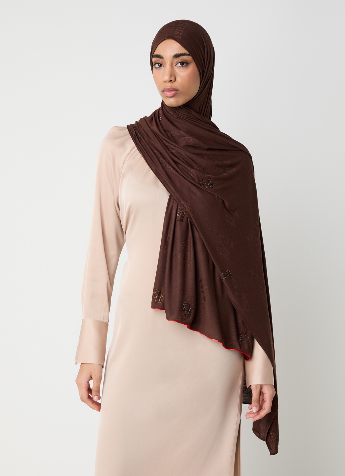 BYLIMA Stamp sjaal met strass 190 x 70 cm - voorkant 3 bruin