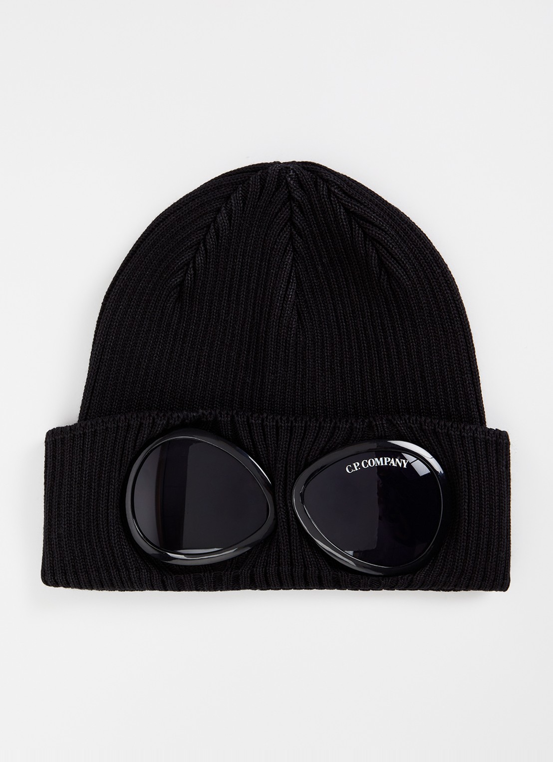 C.P. Company Goggle ribgebreide muts van katoen - voorkant zwart
