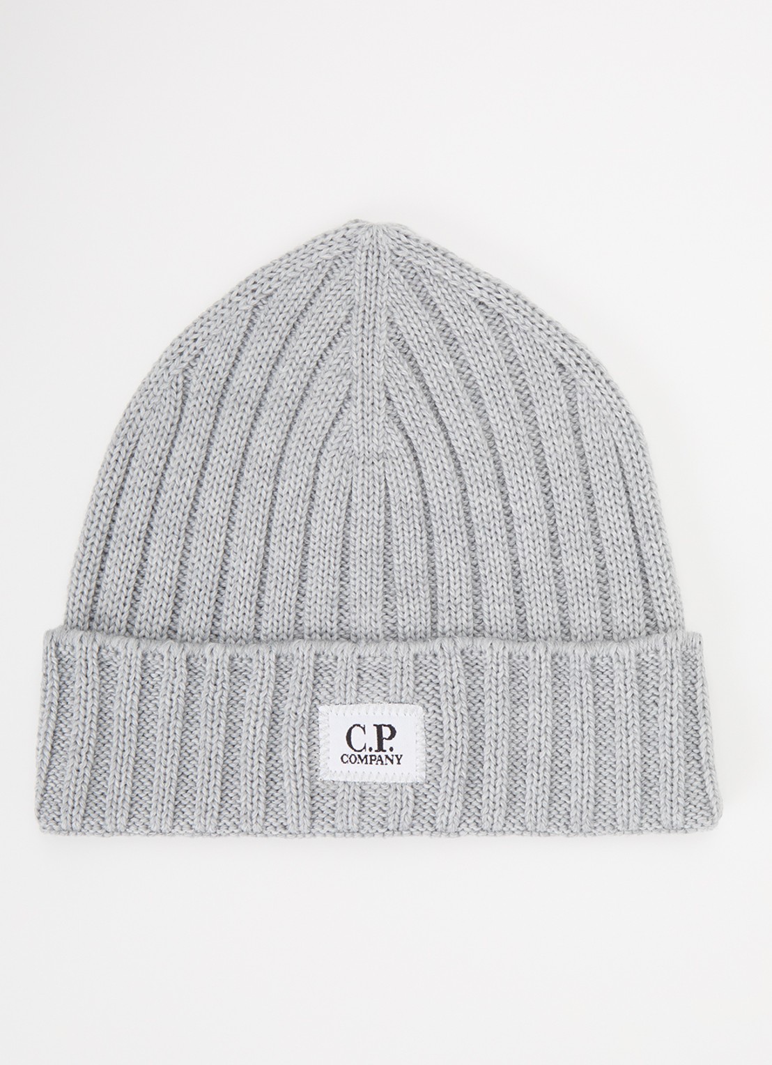 C.P. Company Grofgebreide muts van merino wol met logo - voorkant grijs