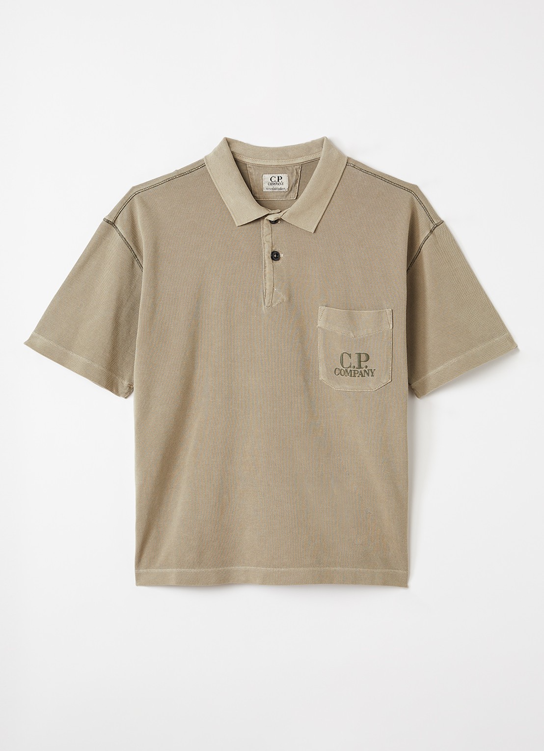 C.P. Company Polo van piqué katoen met logoborduring - voorkant khaki