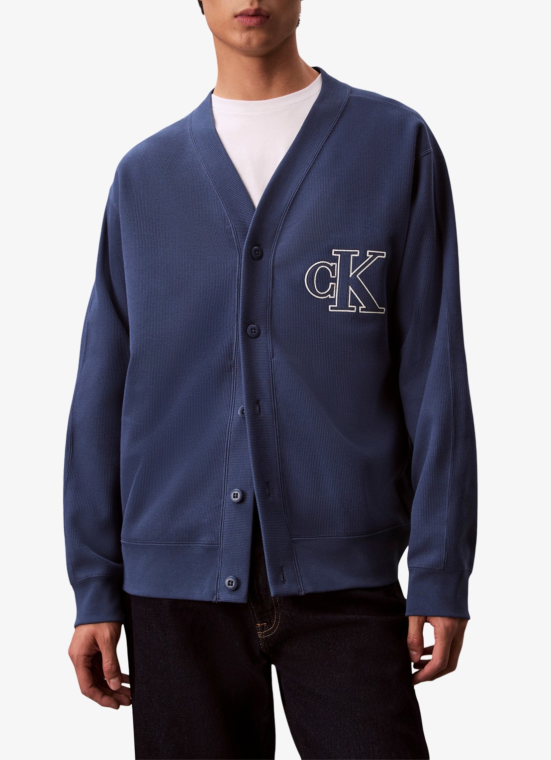 Calvin Klein Fijngebreid vest met logo - detail 2 blauwgrijs