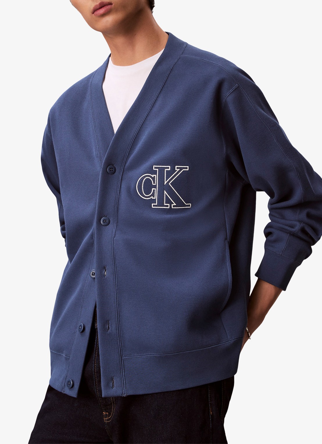 Calvin Klein Fijngebreid vest met logo - detail 4 blauwgrijs