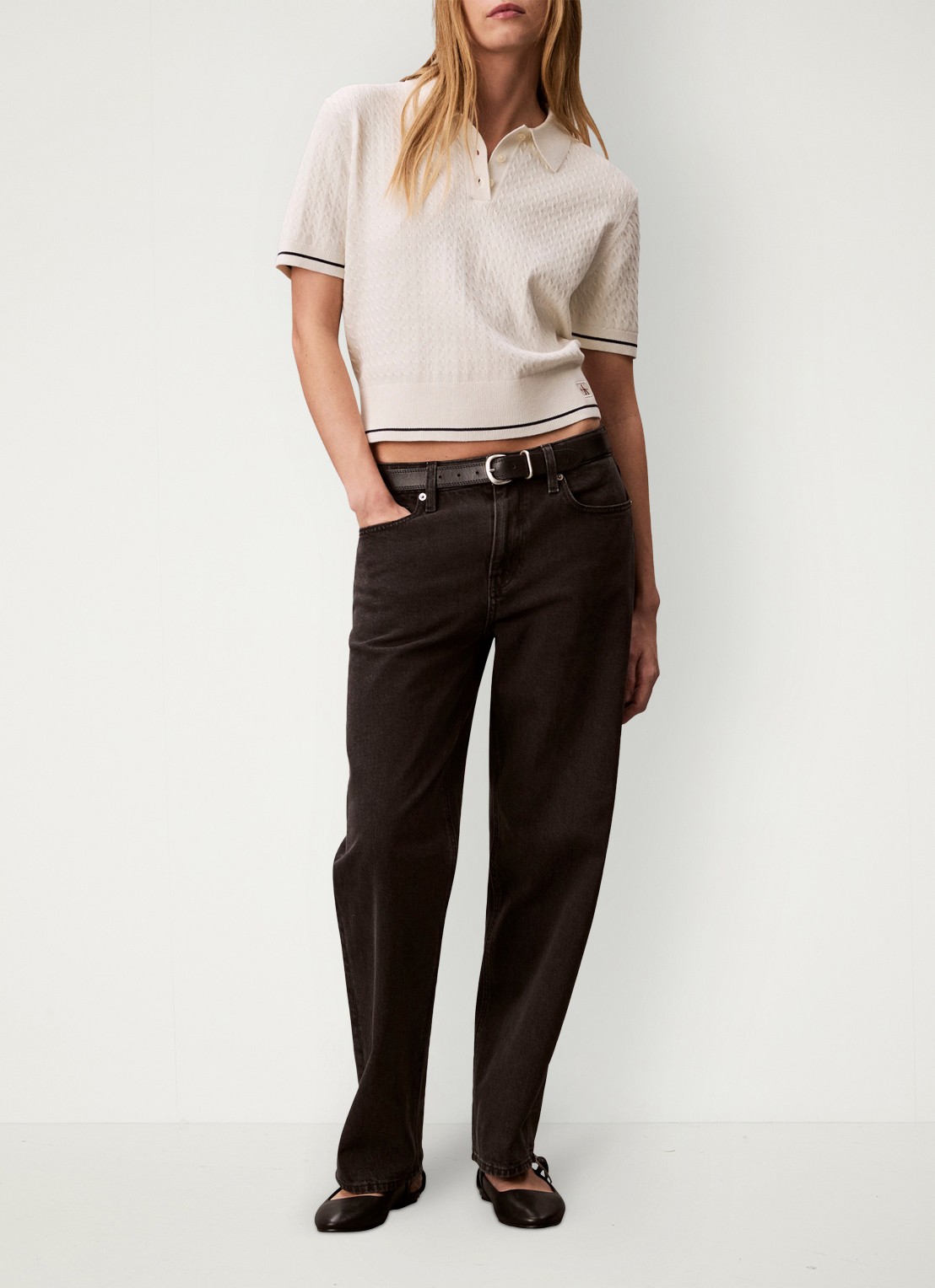 Calvin Klein Fijngebreide trui met gestreept detail - voorkant 2 gebroken wit