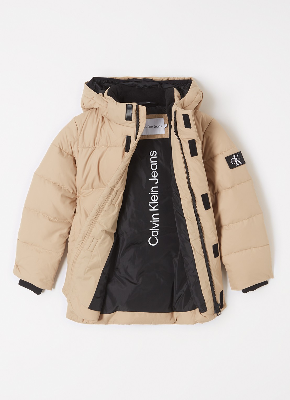Calvin Klein Gewatteerde jas met afneembare capuchon - voorkant 3 donkerbeige