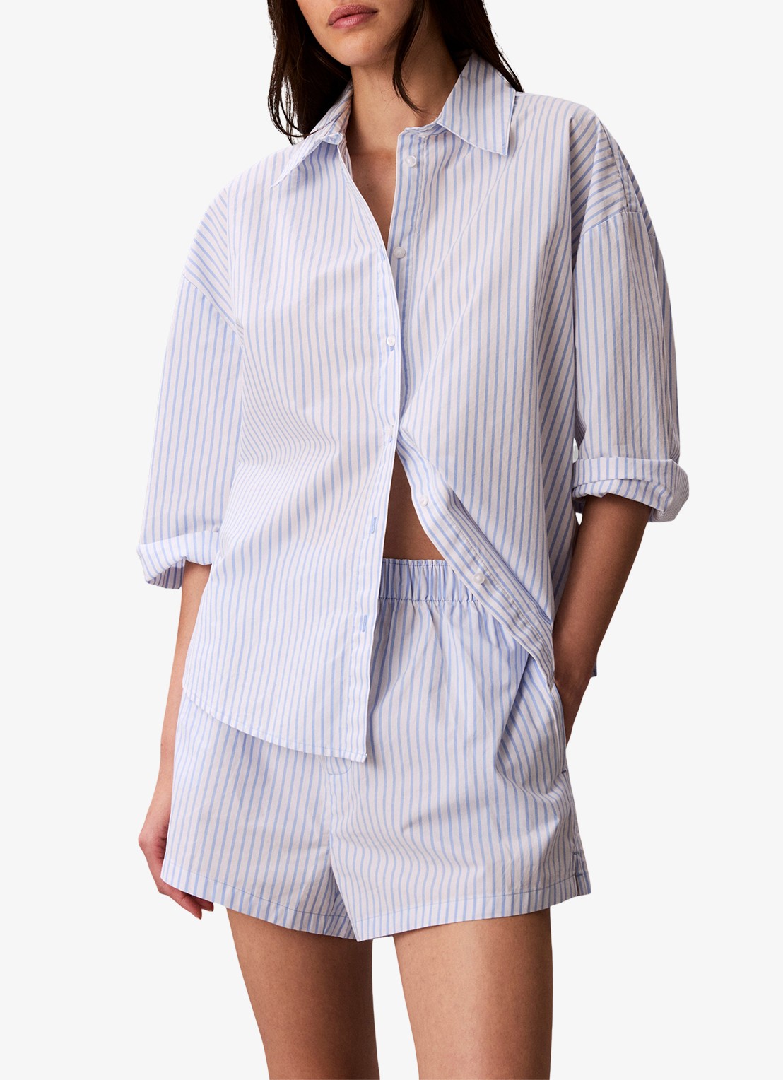 Calvin Klein High waist straight fit korte broek met streepprint - detail lichtblauw