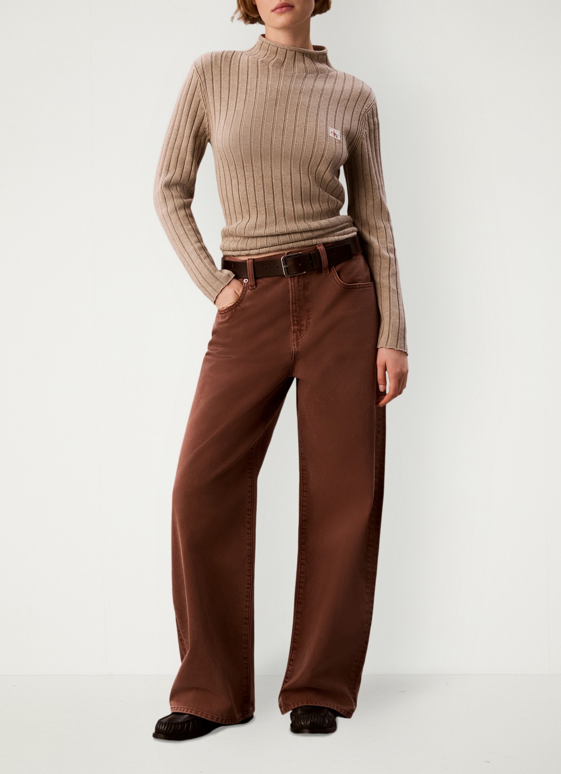 Calvin Klein High waist wide fit jeans met steekzakken - detail 7 kastanjebruin