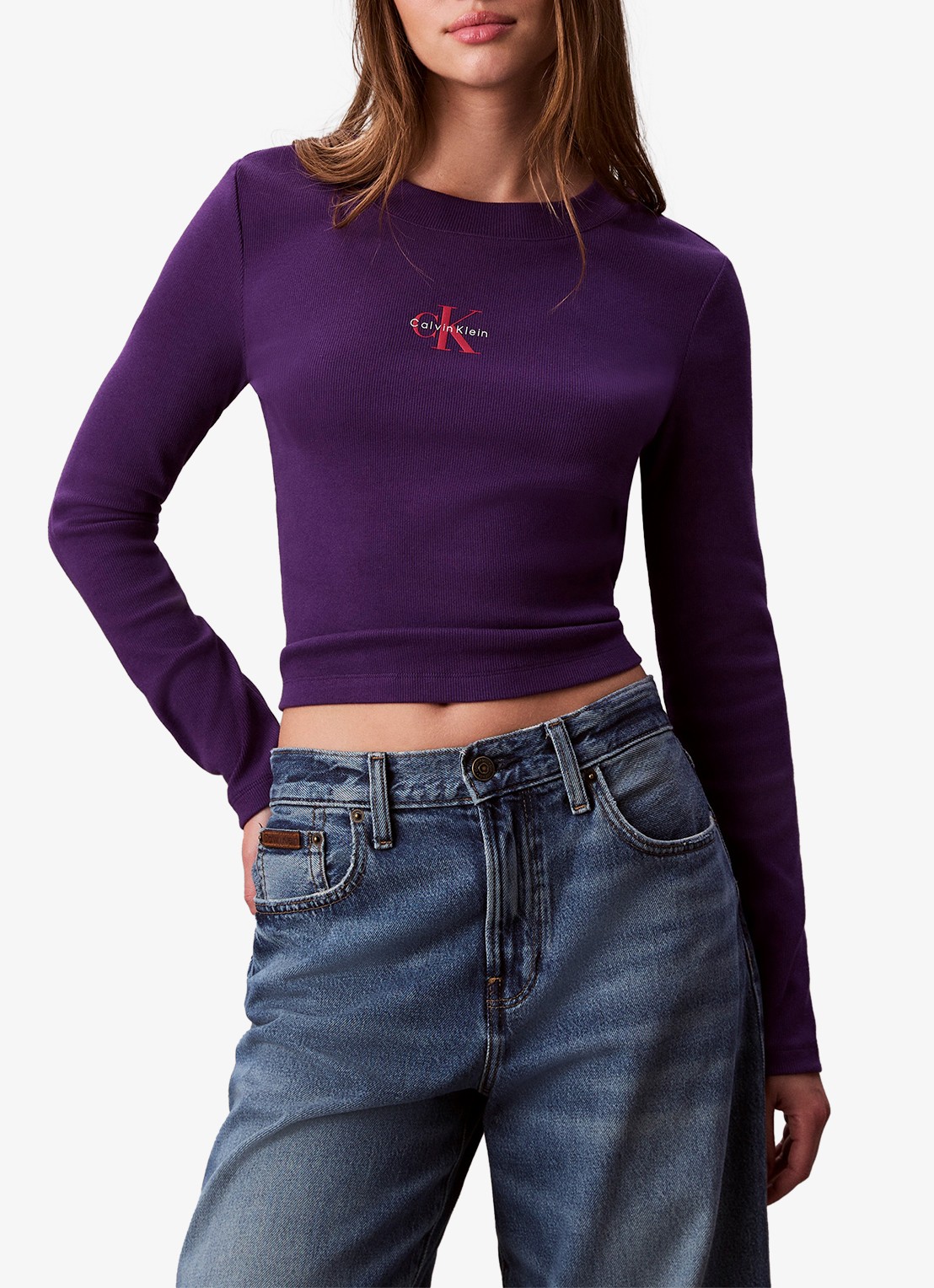 Calvin Klein Longsleeve top met logo en ronde hals - detail 3 paars