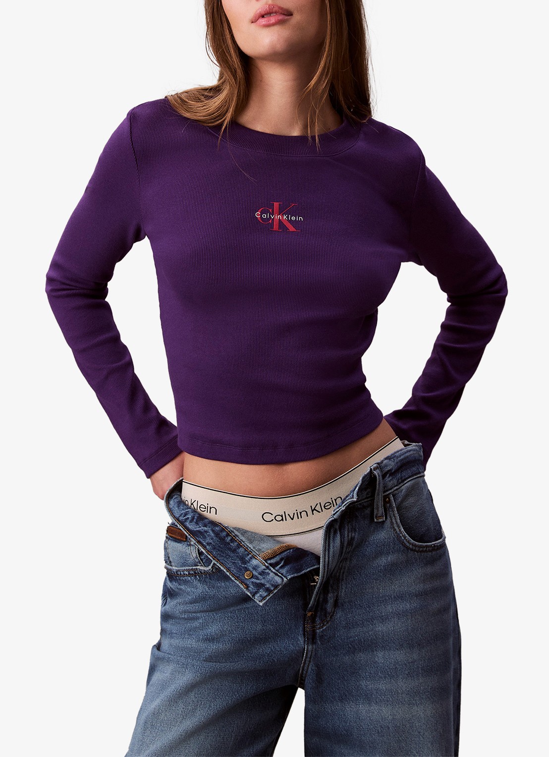 Calvin Klein Longsleeve top met logo en ronde hals - detail 5 paars