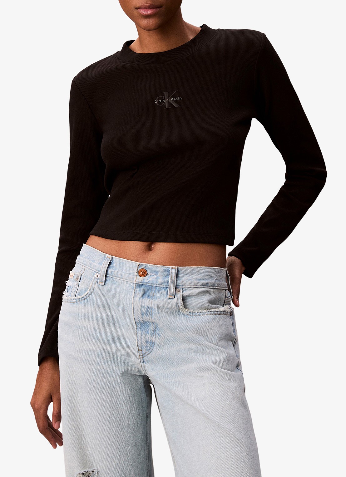 Calvin Klein Longsleeve top met logo en ronde hals - detail 4 zwart