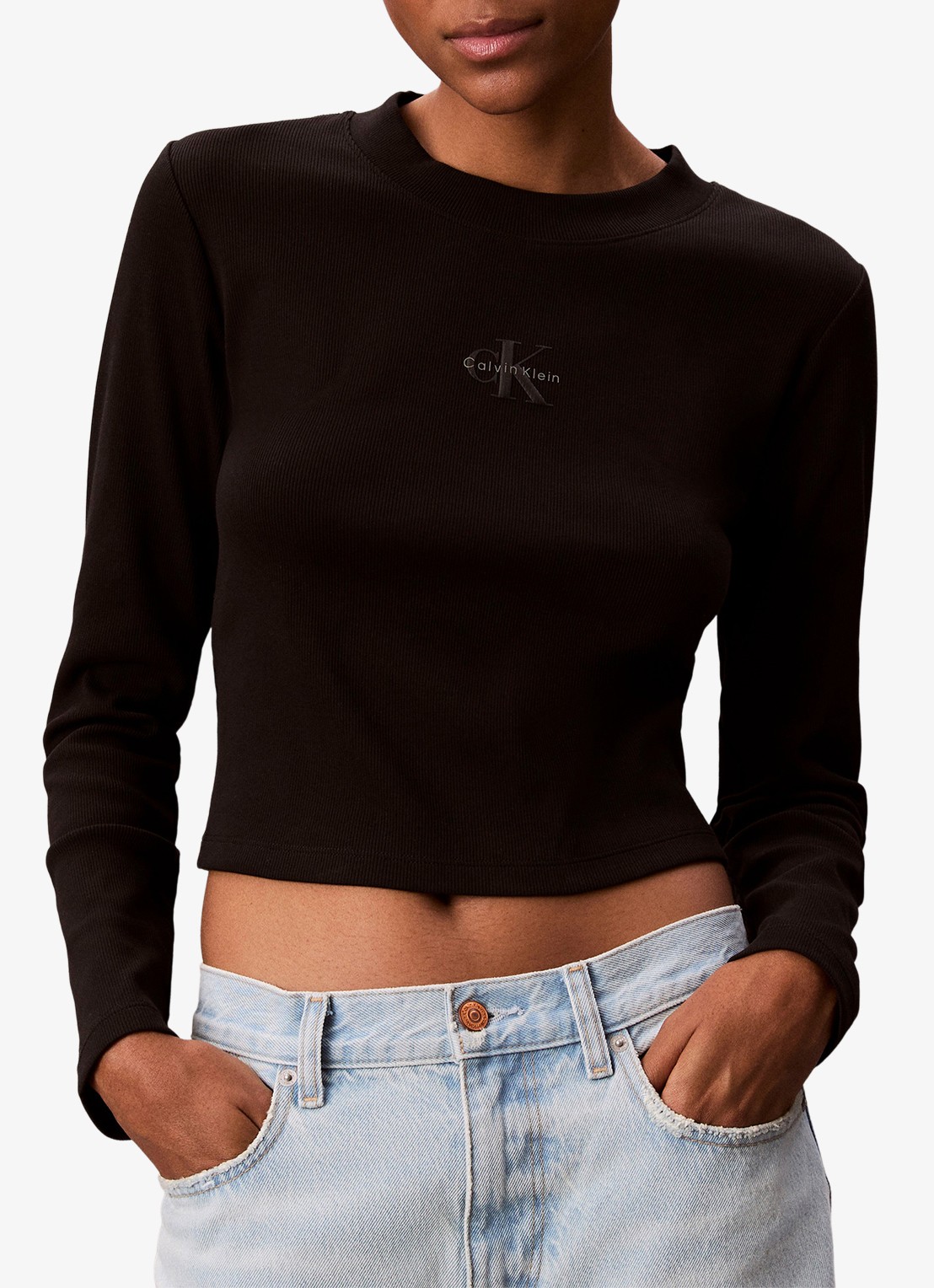 Calvin Klein Longsleeve top met logo en ronde hals - detail 6 zwart