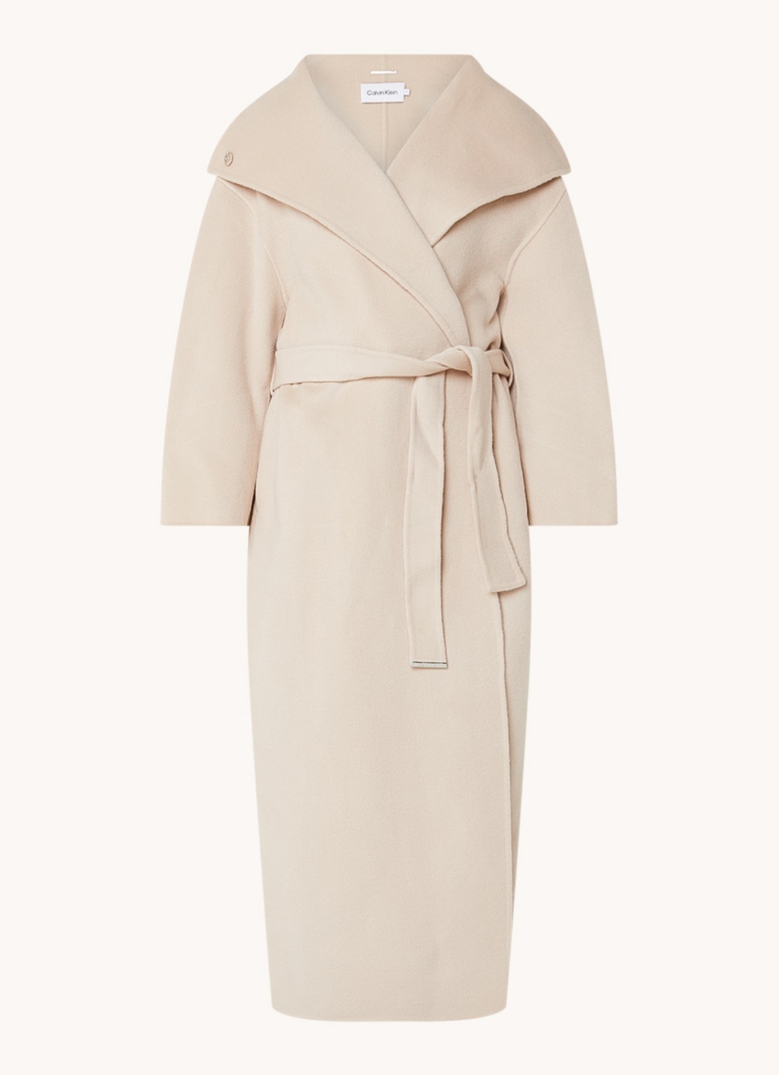 Calvin Klein Mantel van wol met strikceintuur en steekzakken - voorkant 3 beige