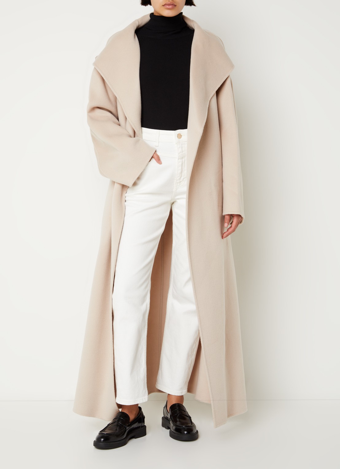 Calvin Klein Mantel van wol met strikceintuur en steekzakken - voorkant 4 beige