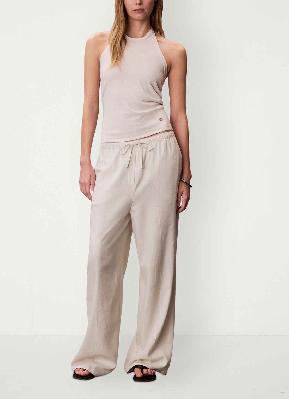 Calvin Klein Mid waist wide fit pantalon in linnenblend - voorkant 5 beige