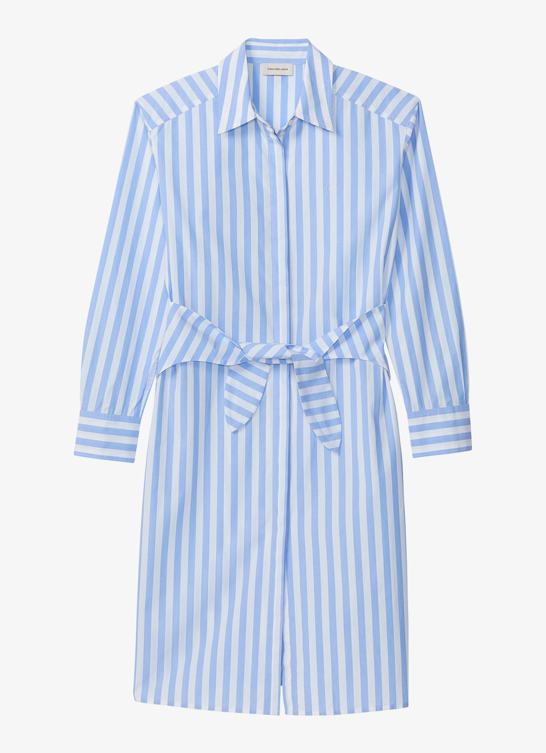 Calvin Klein Midi blousejurk met streepprint en strikceintuur - voorkant blauw