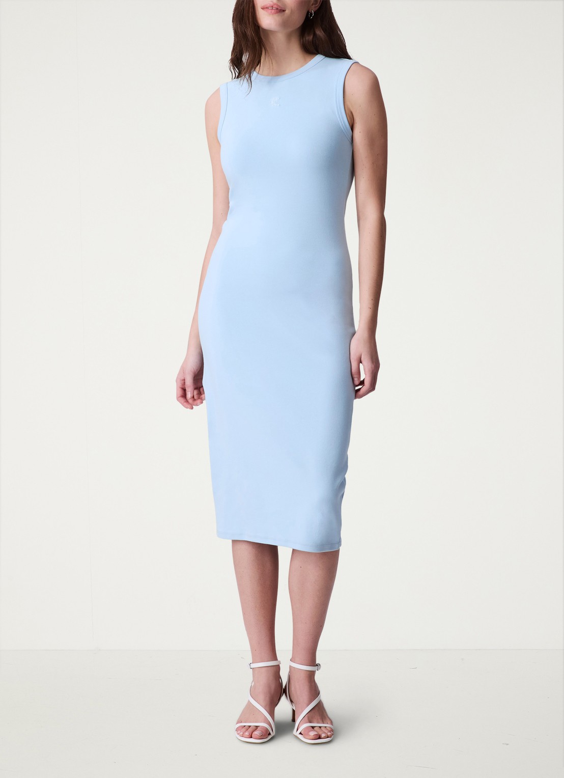 Calvin Klein Midi jurk met ribstructuur met logoborduring - voorkant 2 lichtblauw