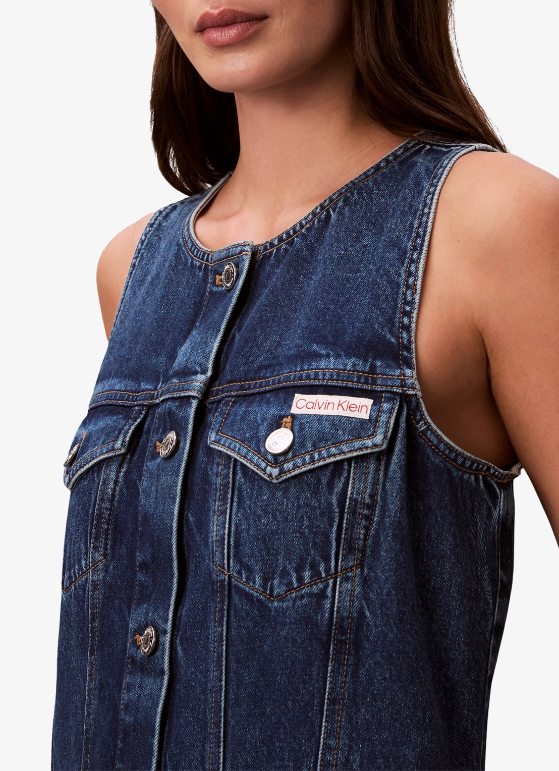 Calvin Klein Mini denim jurk met borstzakken - detail 5 donkerblauw