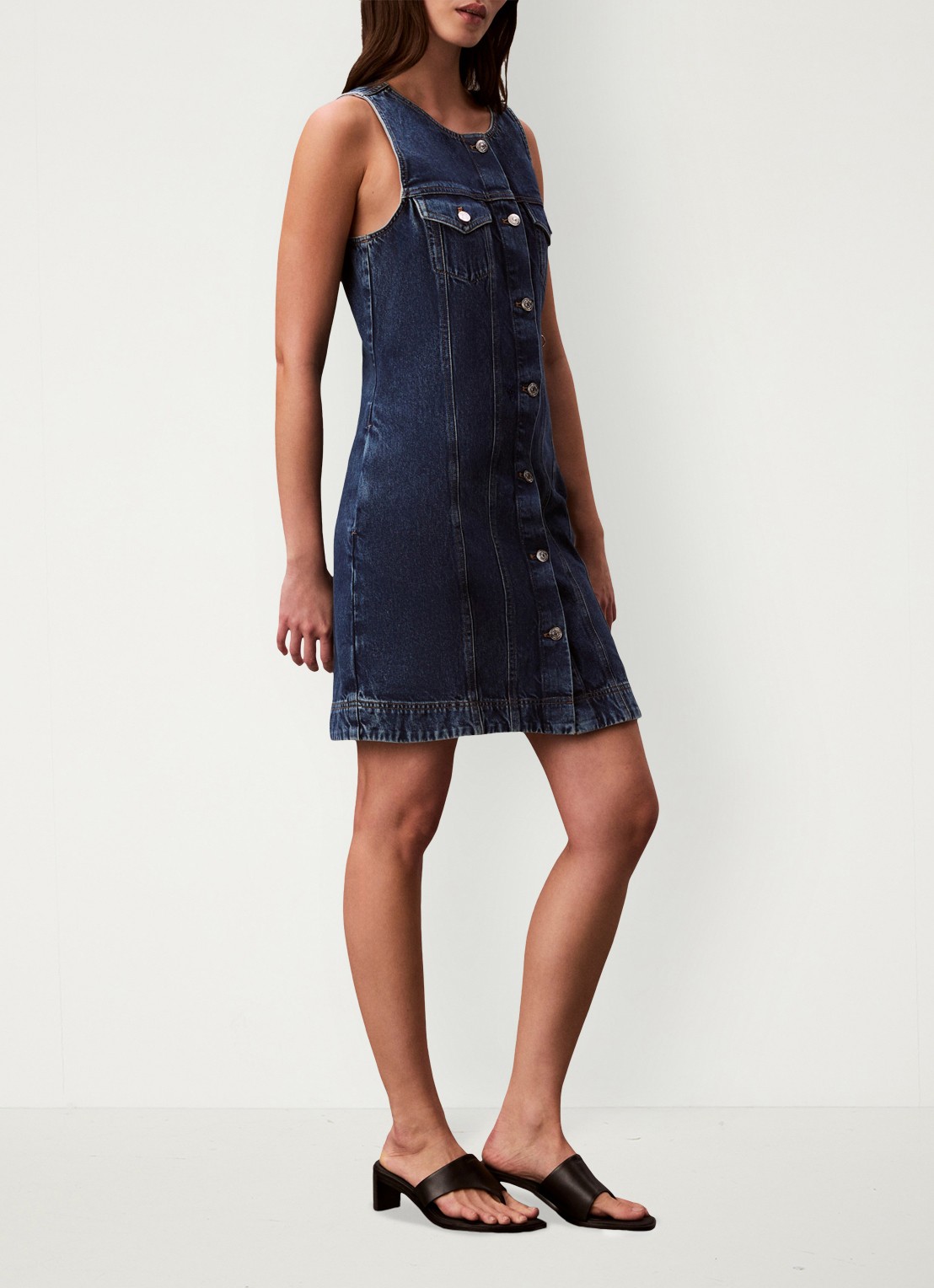 Calvin Klein Mini denim jurk met borstzakken - voorkant 3 donkerblauw
