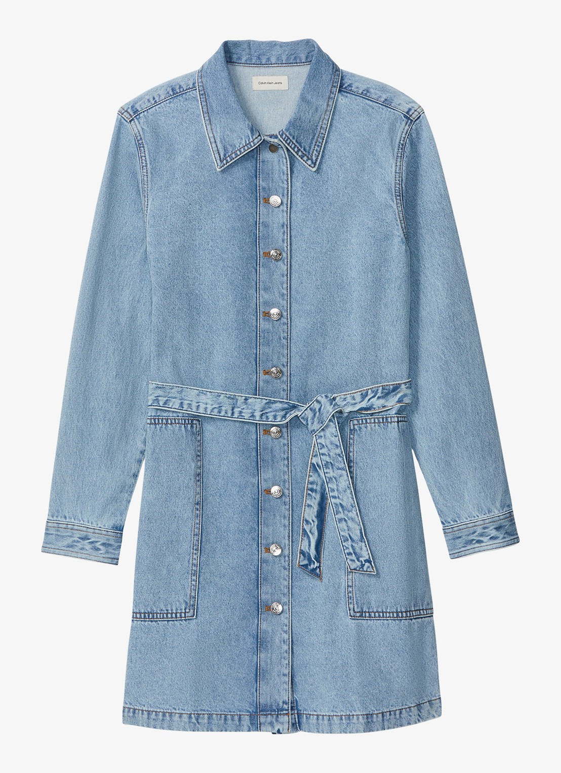 Calvin Klein Mini denim jurk met strikceintuur - voorkant 2 denim